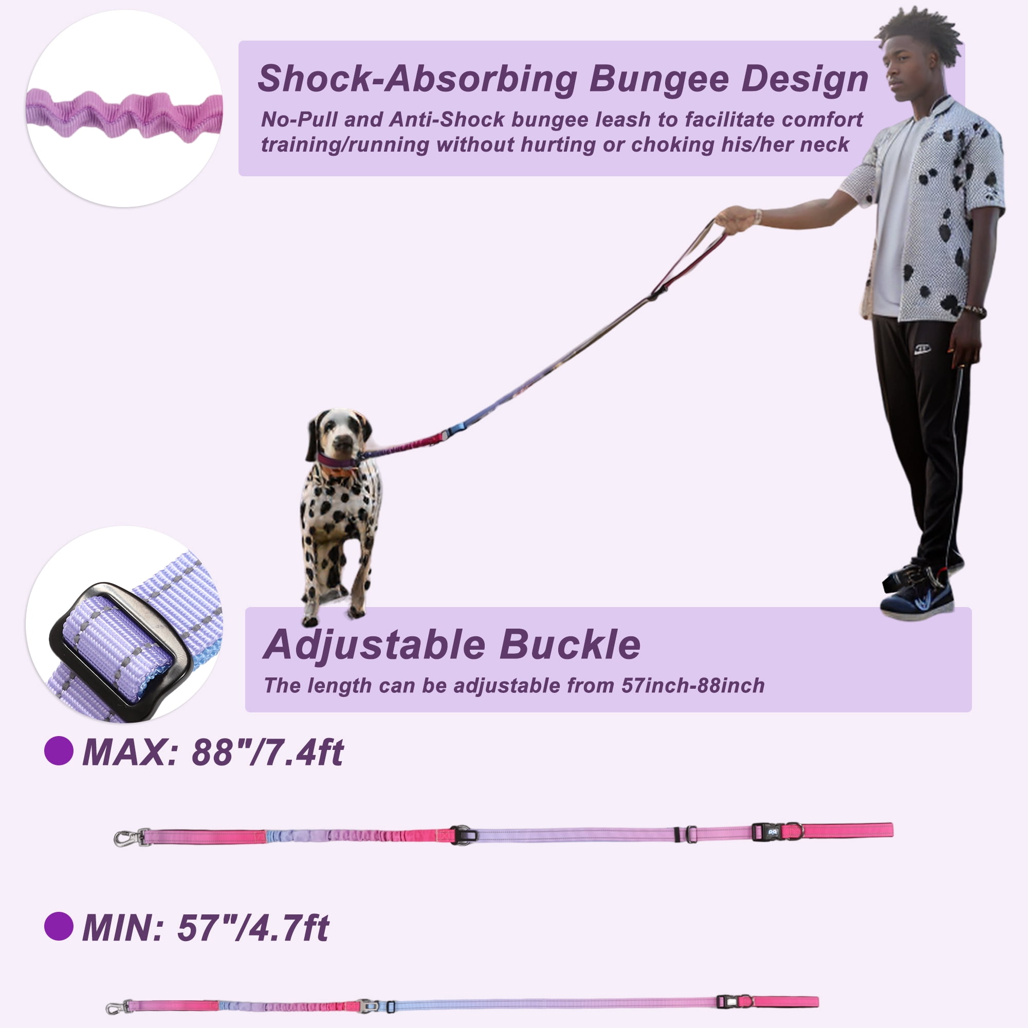 Unique Bargains Hands Free Dog Leash No Pull Bungee Dog Leash for One Large Dog Up to 440 Ib W/ Car Seatbelt Rose Red
