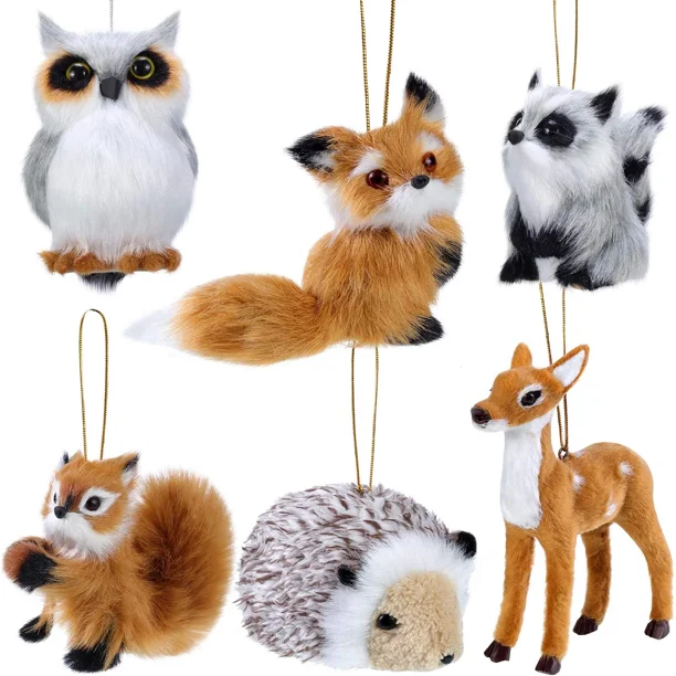 6 piezas de adorno de animales de peluche, adornos de animales de piel de bosque, adorno de animales peludos, adorno colgante de Navidad para decoración