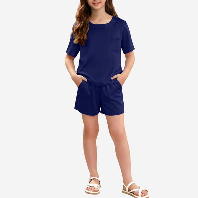 RKSTN Pyjama Fille Satin Col Rond Manches Courtes Haut de Pyjama avec Short Été Ensemble Deux Pièces (Marine, 9-10 Ans) Unisexe
