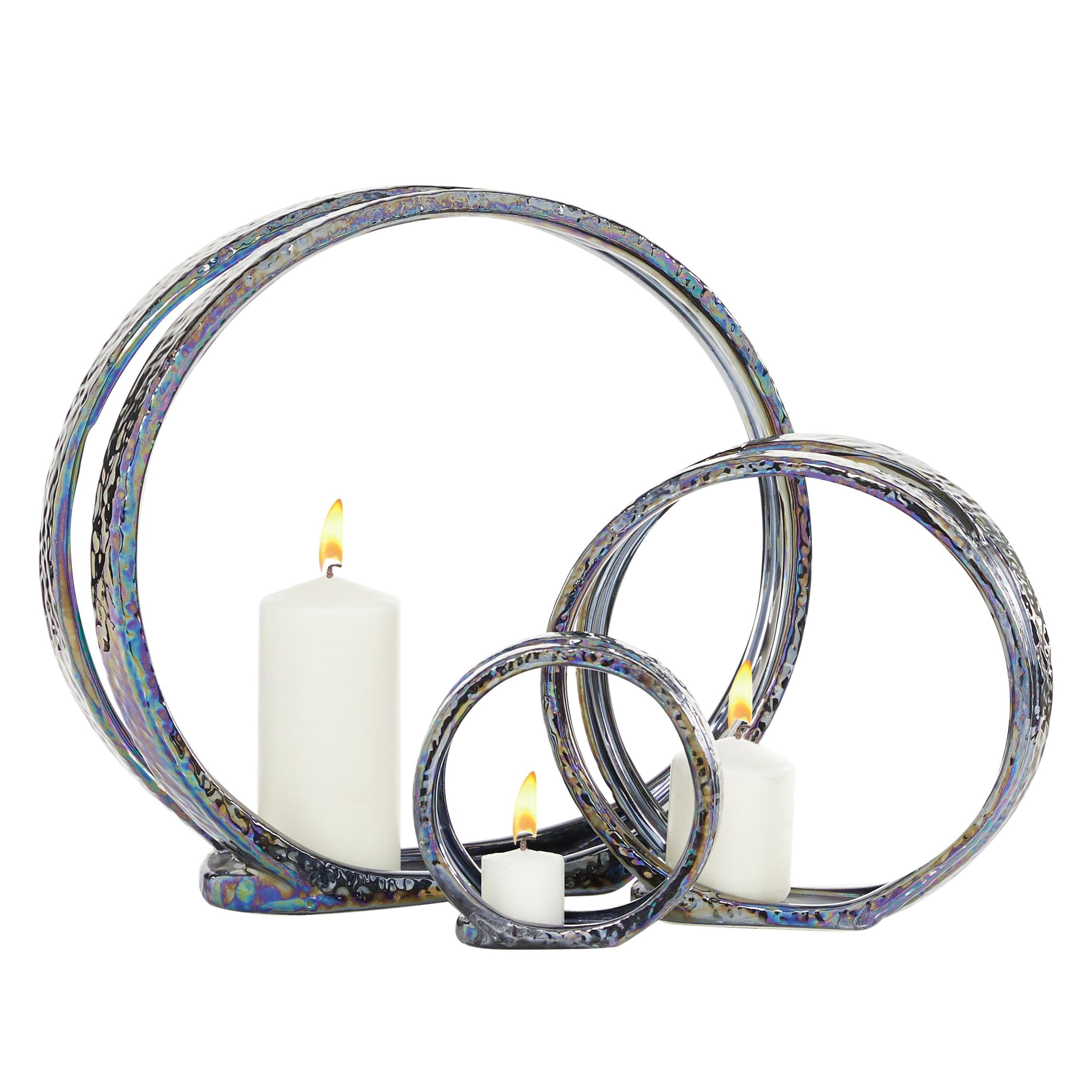 DecMode 3 Candle Silver Ceramic Pillar 3 Plate Candle Holder, Set of 3