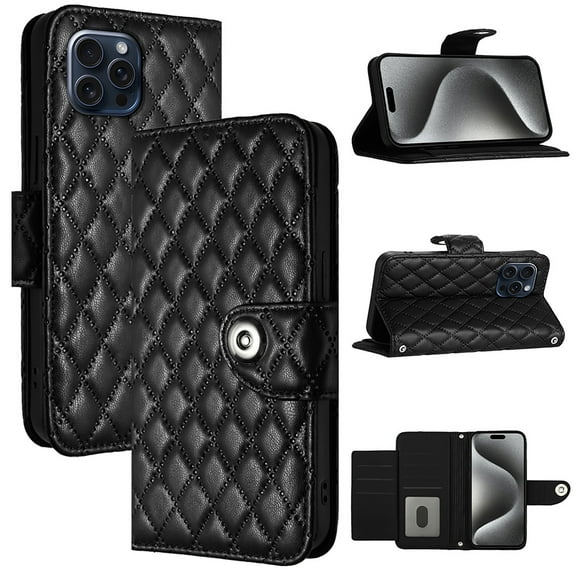 Allytech Wallet Case for iPhone 15 Pro, Luxury PU Leather Shockproof Protective Flip Cover for Women Girls, Kickstand Folio Case with Card Slots Holder Wrist Strap Lanyard - Black