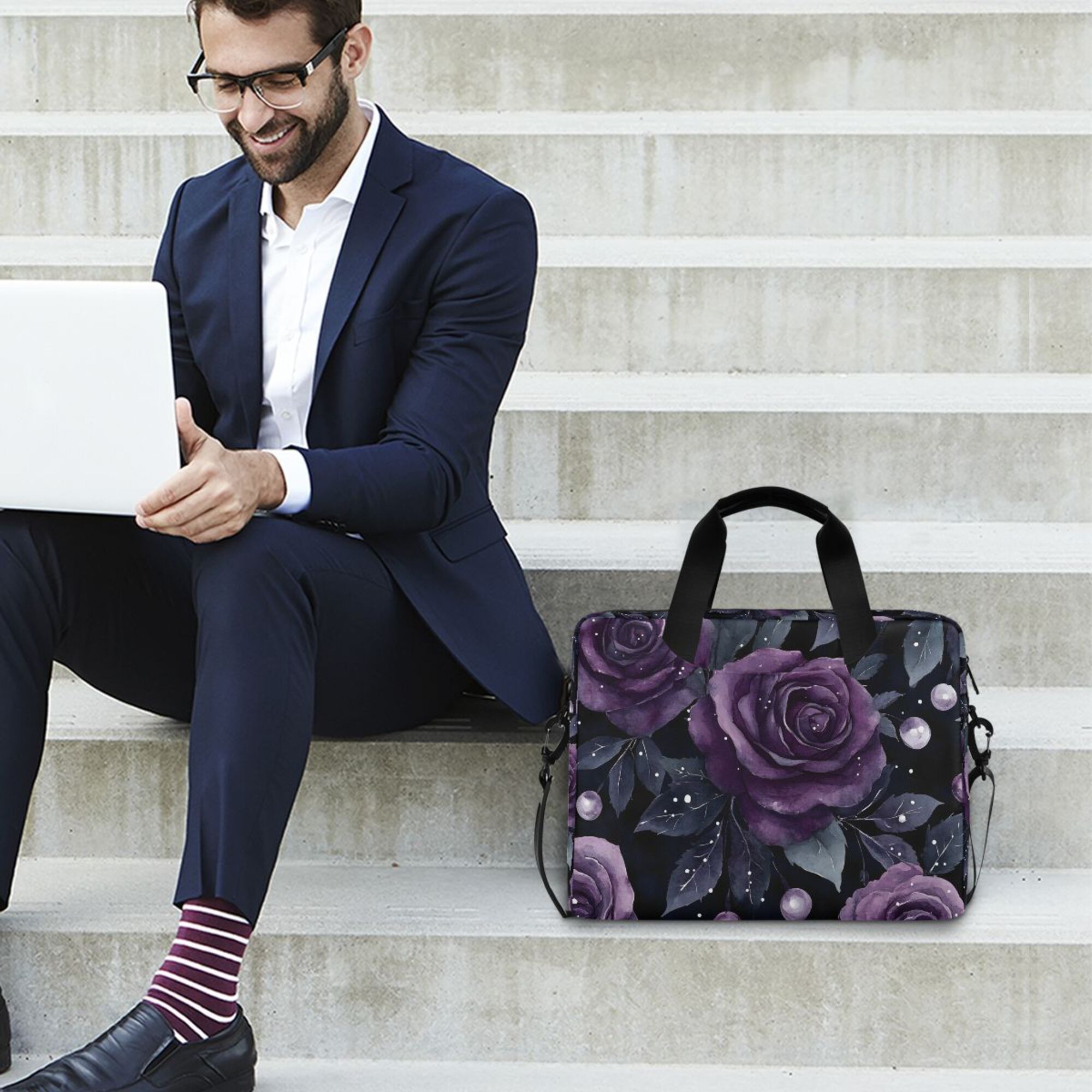 FORMRS 16" Laptop Bag Carrying Sleeve Case with Handle Travel Shoulder Briefcase, Roses and Pearls