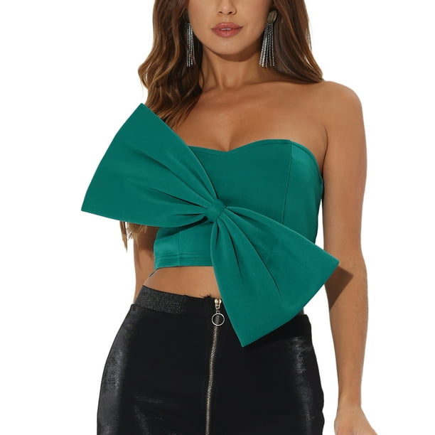 INSPIRAR CHIC Top de corsé sin tirantes con escote corazón para mujeres, crop bandeau con lazo en verde pavo real M