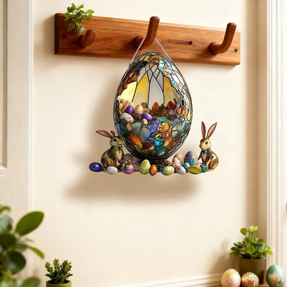 Taicans Easter Stained Glass Sun Catcher,Spring Window Decor - Colorful Mosaic Egg Design with Bunny & Eggs Accents,20cm/7.87in,Festive Home Decoration for Holiday Windows