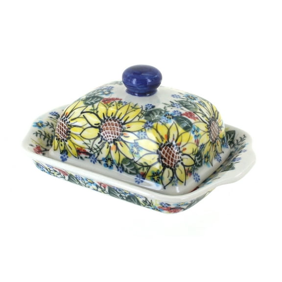 Blue Rose Polish Pottery Sunflower Maze Square Butter Dish