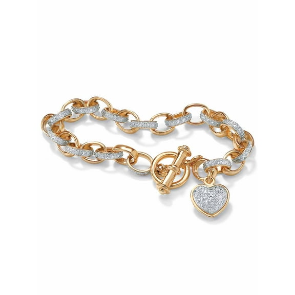 PalmBeach Jewelry Diamond Accent Heart Charm Bracelet in 18k Gold-Plated or Platinum-Plated Sterling Silver 7.25"