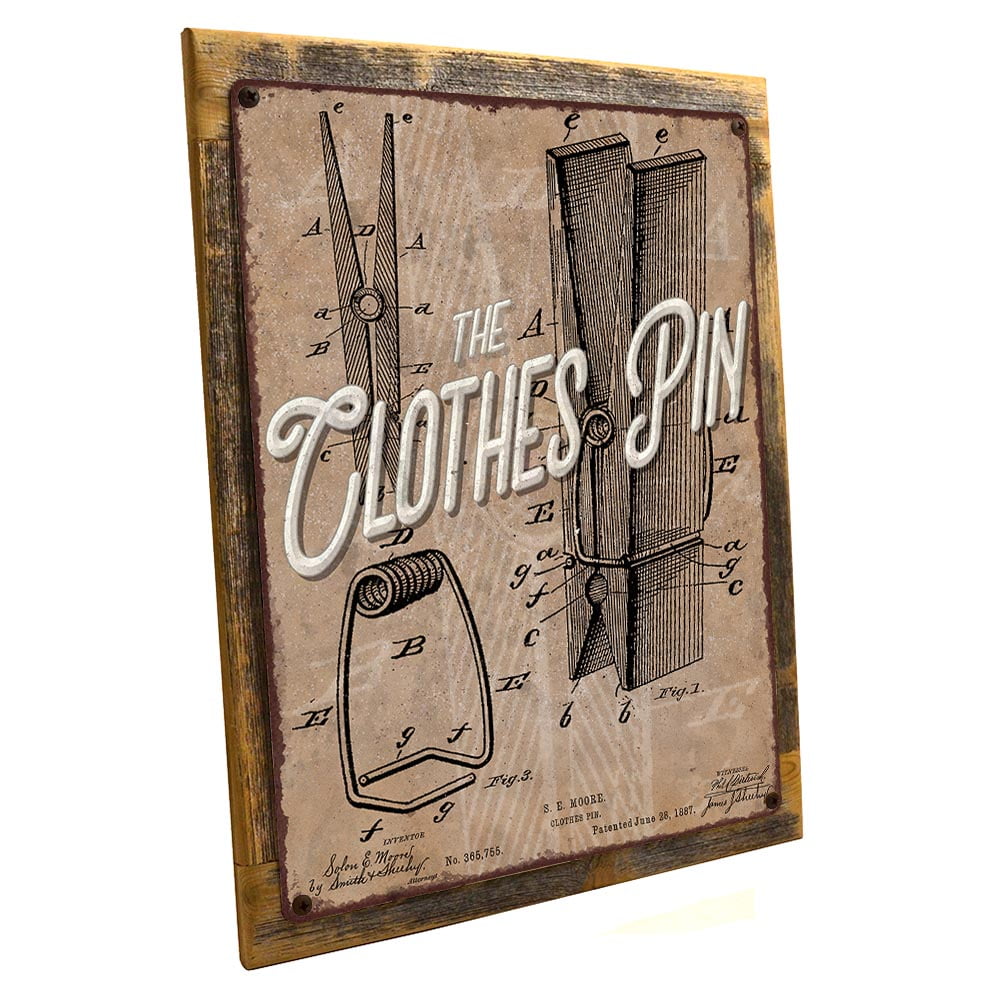 Framed Clothespin Patent Illustration 9 X12 Metal Sign Wall