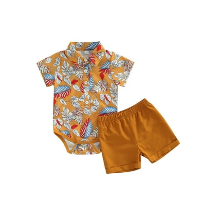 

Canrulo Infant Baby Boys Casual Beach Suit Short Sleeve Leaves Printed Romper Shirt Tops+Solid Color Short Pants Set Brown 6-9 Months