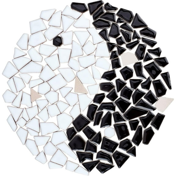 140pcs Ceramic Mosaic Tiles Irregular Shape Mosaic Tiles Ceramic Mosaic Pieces Chips for Home Decoration DIY Handmade Project Black White 9.4x8.6 inch Mixed Color