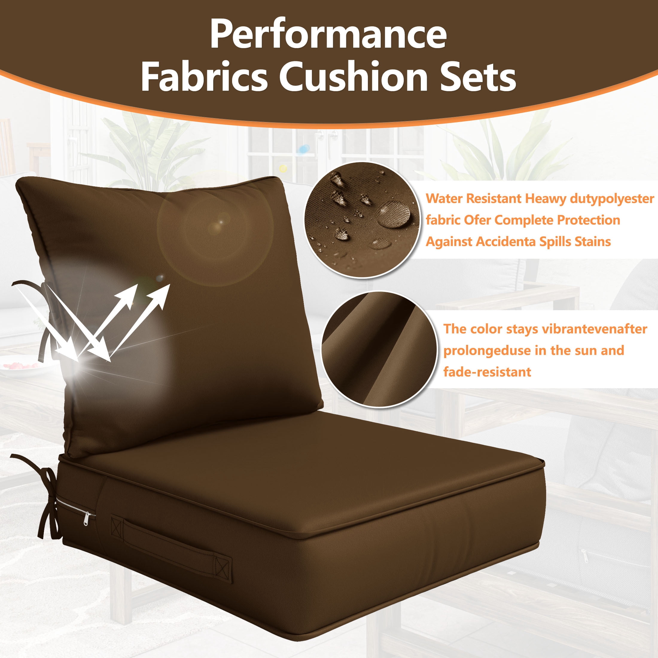Kimunuk Outdoor Deep Seat Cushion Set for Patio Furniture, Splash-Proof & Fade Resistant, 22" L X 22" W X 4" H, Chocolate