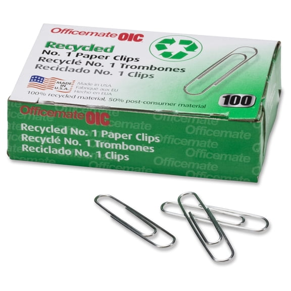 OIC Recycled Paper Clip - No. 1 - 1000 / Pack - Silver - Steel