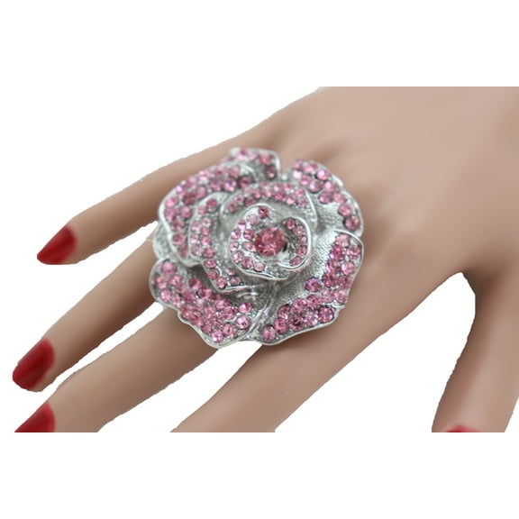 Women Ring Silver Metal Fashion Jewelry Elastic Band Pink Flower