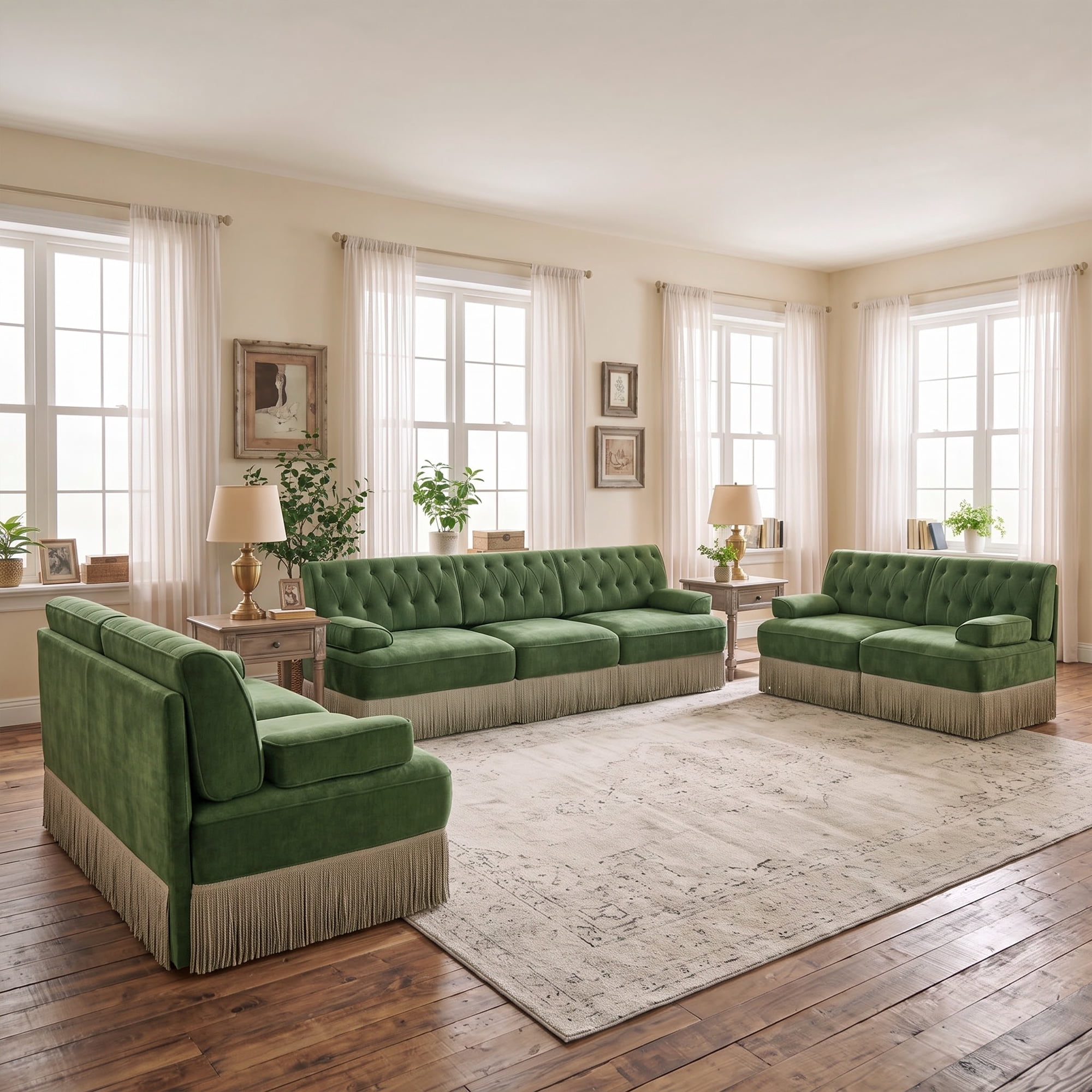 3‑Piece Sectional Sofa Set, 2 Pcs Loveseat & 1 Pcs 106" 3‑Seater Sofa Couch Set with Tassel Skirt