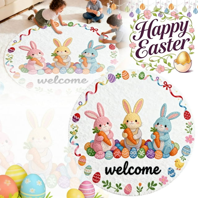Round Easter Bunny Shaped Welcome Mat for Indoor Use with Modern Polyester Non Absorbent Entry Rug - Round Shape 40CM/60CM/80CM