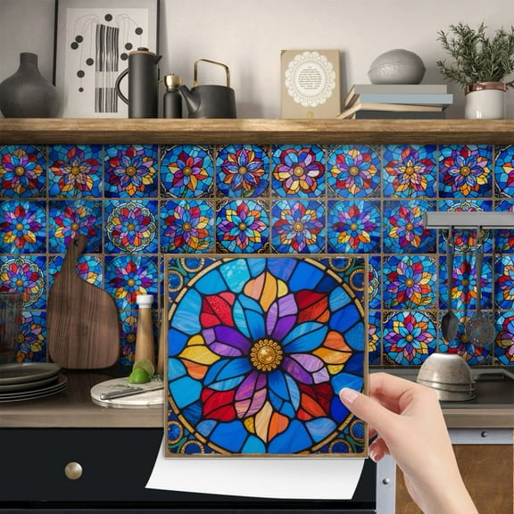 24 Pcs Tiles Decals Blue Flowers Tile Wall Stickers 6x6inch Self Adhesive Waterproof Removable Peel and Stick for Kitchen Bathroom Art Decor