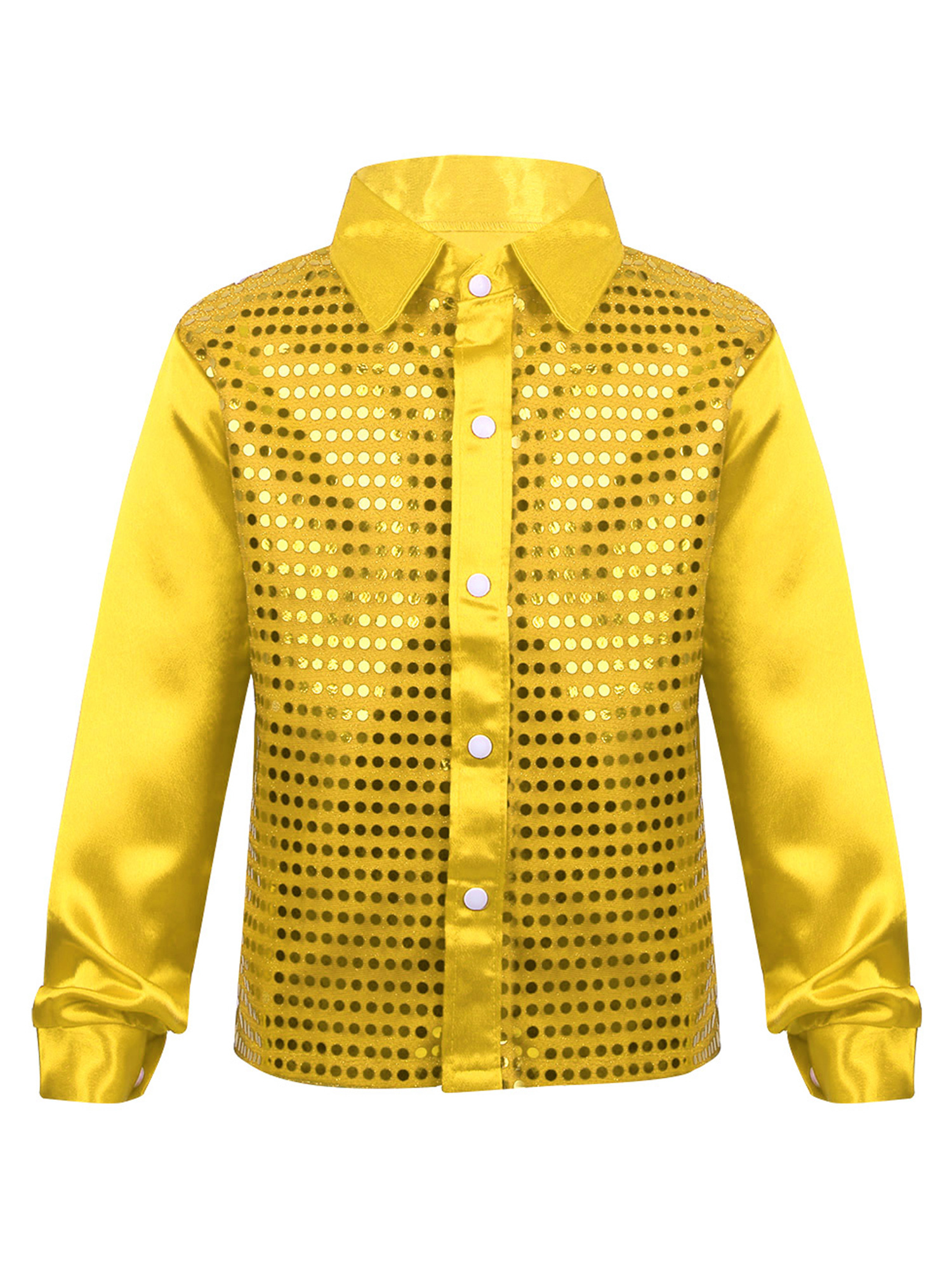 YEAHDOR Kids Boys Sparkly Sequins Lapel Collar Shirt Long Sleeve Tops for Jazz Latin Dance Performance Gold 110 - image 1 of 6