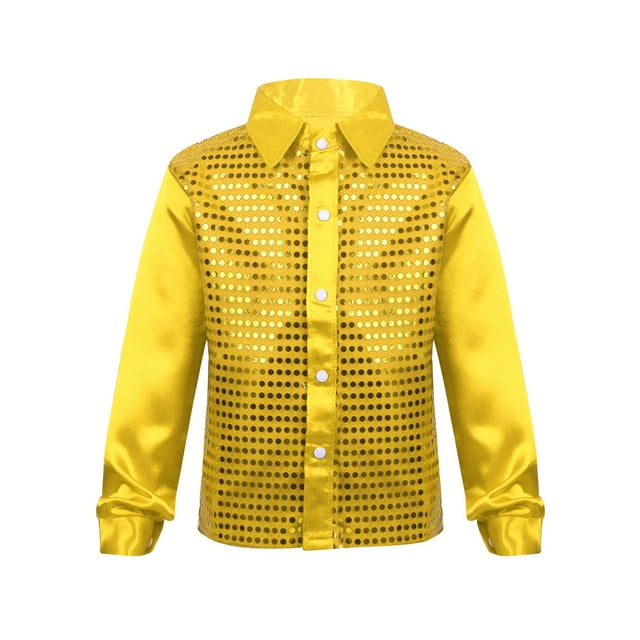 YEAHDOR Kids Boys Sparkly Sequins Lapel Collar Shirt Long Sleeve Tops for Jazz Latin Dance Performance Gold 110