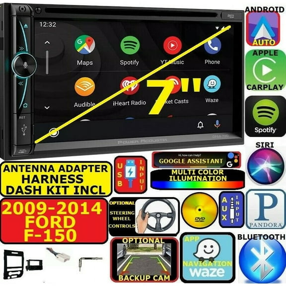 2009-14 F150 APPLE CARPLAY NAVIGATION (works with IPHONE) AM/FM USB/BLUETOOTH CAR RADIO STEREO PKG. INCL. VEHICLE INSTALLATION HARDWARE: DASH KIT, WIRE HARNESS, AND ANTENNA ADAPTER WHEN REQIRED.