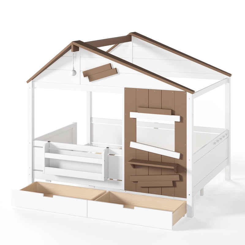 Full House-Shaped Kid's Bed with Built-in Bookshelf & Light Bulb, Wooden Platform Bed Frame with 2 Drawers & 5 Round Hooks