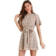 thumbnail image 1 of Allegra K Allegra K Vestido floral de manga corta con cintura elástica y cinturón para mujer Rosa L, 1 of 6