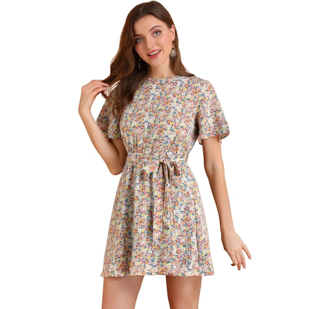 Allegra K Allegra K Vestido floral de manga corta con cintura elástica y cinturón para mujer Rosa L