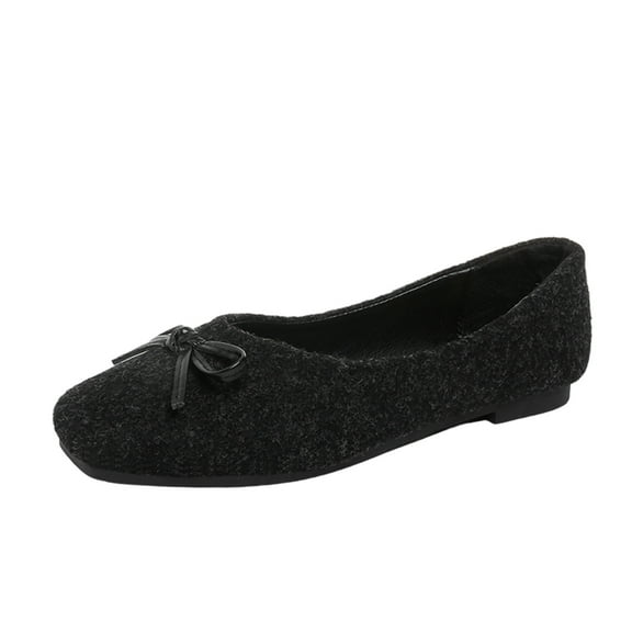 Black Women Square Toe Flat Shoes With Shallow Mouth And Bow Accent For Comfort And Casual Wear Ideal For Autumn Winter