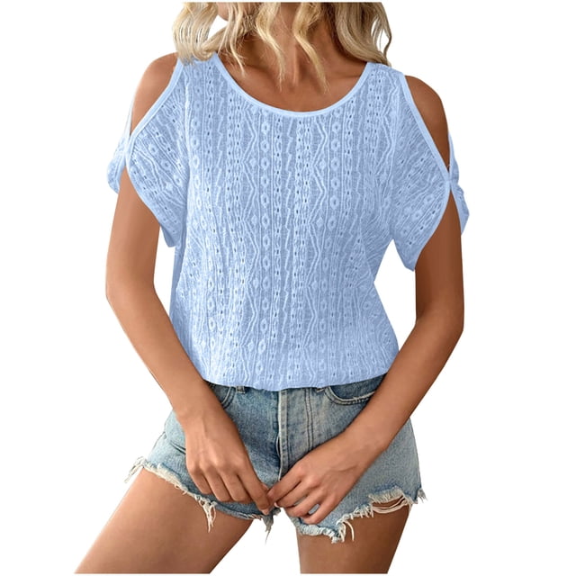 Plebaso T-Shirts à Épaules Dénudées pour Femmes Manches Courtes Col Rond Blouses Tuniques Décontractées Ajourées