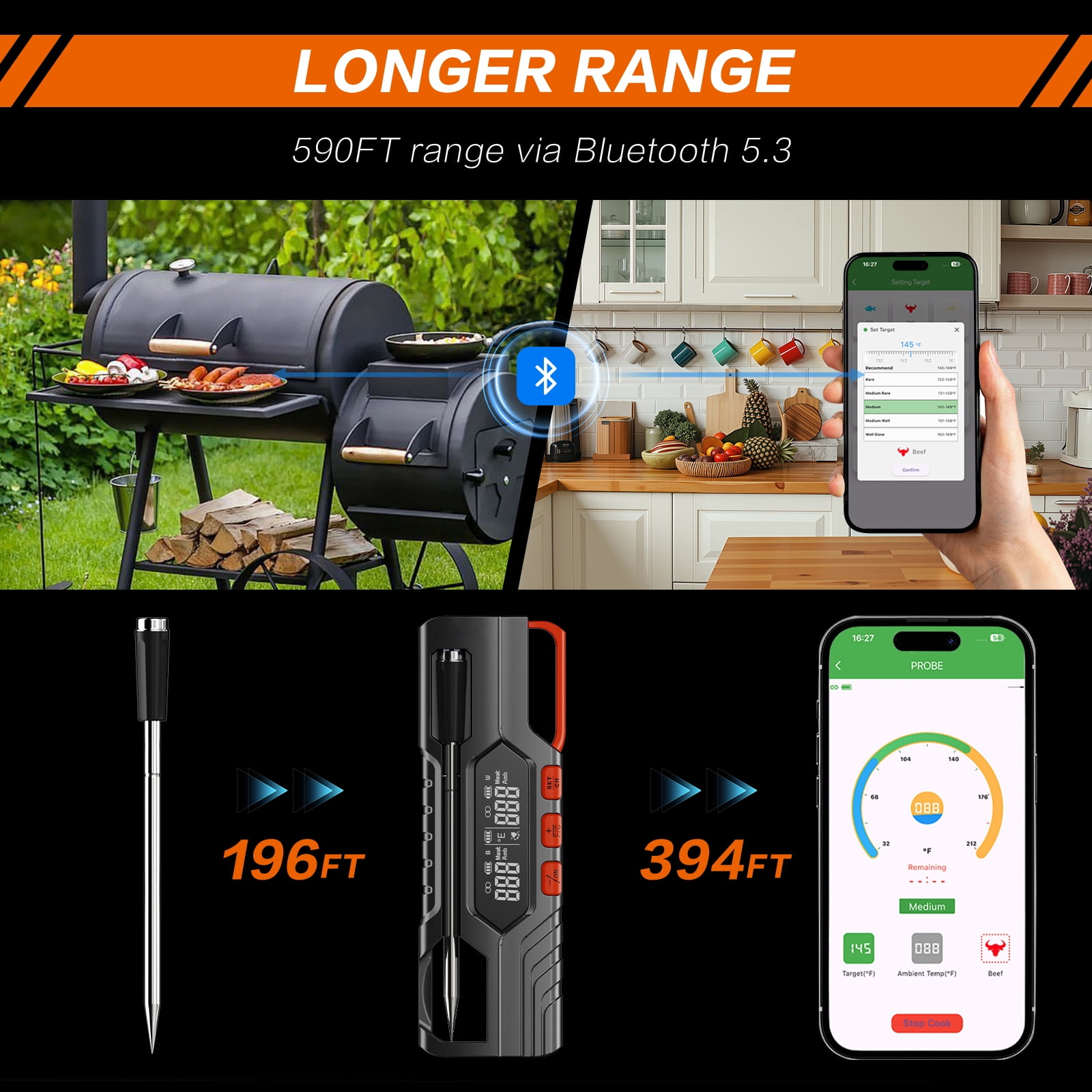 Smart Bluetooth Wireless Meat Thermometer,Standalone Display Base,Food Thermometer for BBQ,Oven,Smoker,Grilling(Single Probe)