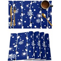 Christmas Blue Snowman Placemats for Dinning Table Xmas Place Mat Set of 6 Waterproof Cloth Table Mats, Cotton Linen Place Mats Fabric Dinner Mat, Winter White Snowflake String Cute Funny Table Decor