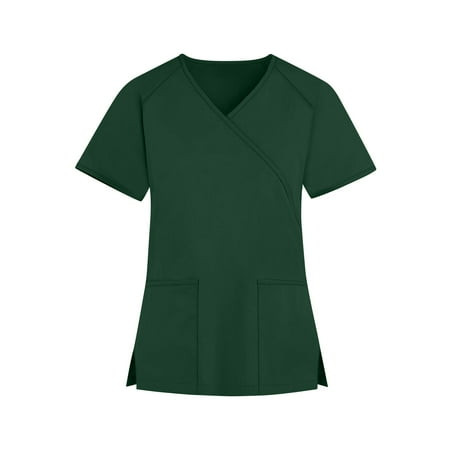 

TKing Fashion Independence Day Women Plus Size Scrubs Top V-Neck Short Sleeve Printed Pockets Work Blouse for Women Green XL