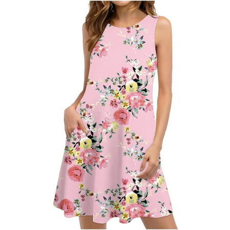 

Zkozptok Dresses for Women 2023 Hawaiian Beach Floral Printing Tshirt Sundress Casual Pockets Boho Tank Dress Pink L