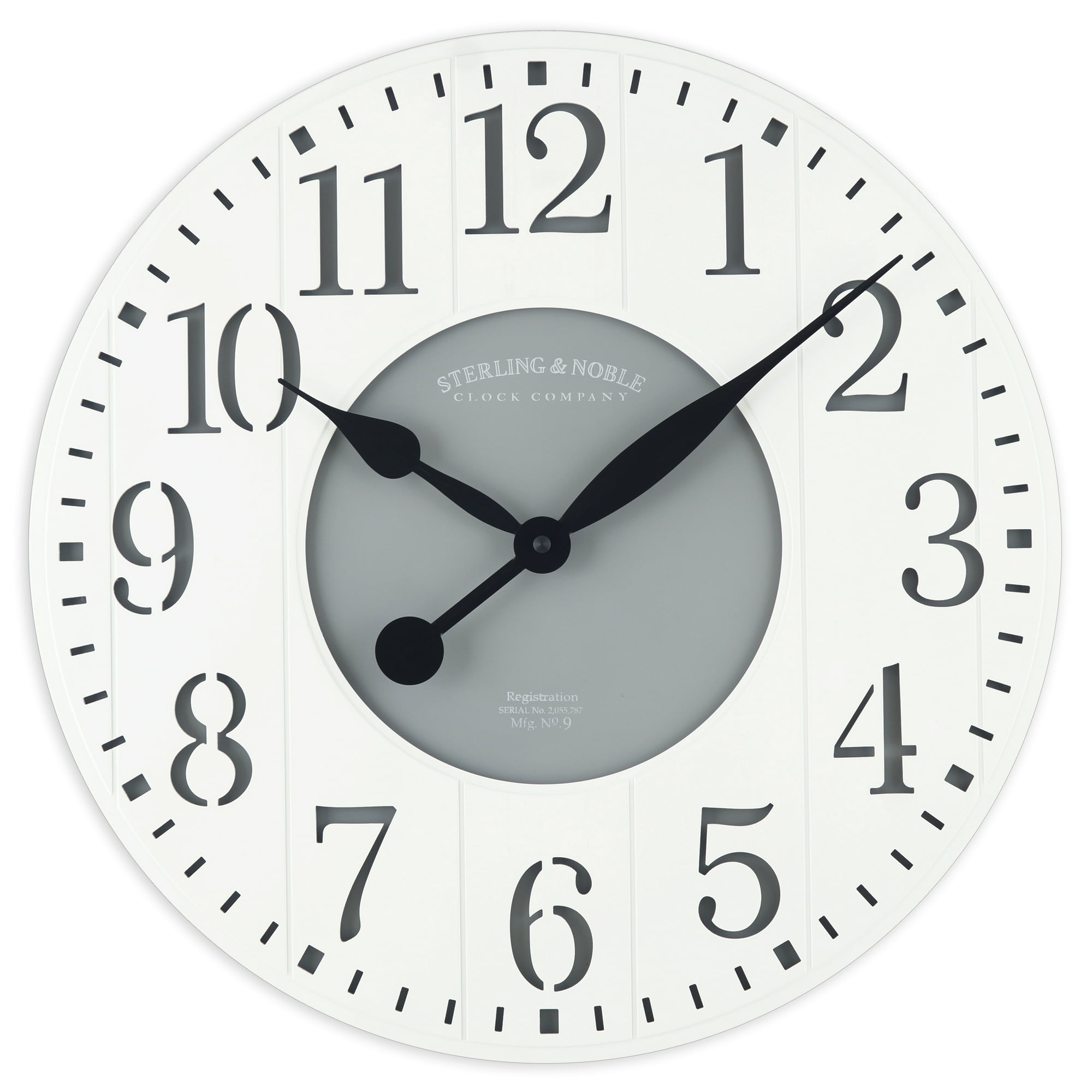 Mainstays Indoor Round 23.5 White and Gray Arabic Wainscot Farmhouse Analog Wall Clock