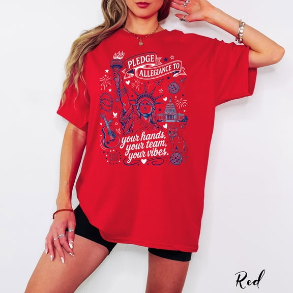 Pledge Allegiance Statue of Liberty 4th of July Graphic Tee for Women, Funny Trendy Patriotic USA Flag Shirt, Independence Day