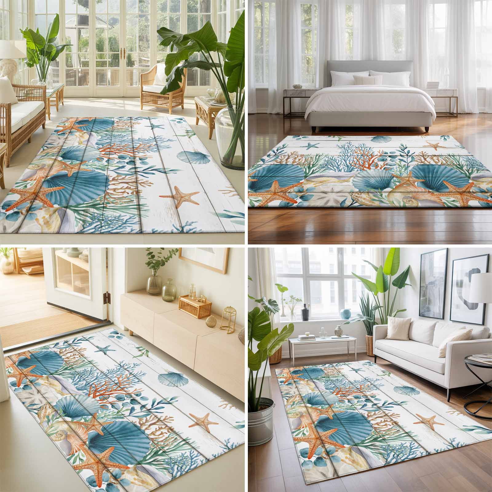 Large Area Rugs 6'x9', Teal Blue Coastal Carpet Runner Indoor Outdoor Rugs Home Decor Aesthetic, Summer Beach Starfish Shell Coral Nautical Vintage Non Slip Mats Accent Rug for Living Room Bedroom