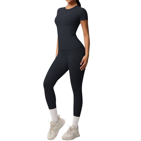 Womens Two Piece Workout Sets Slim Fit Short Sleeve Shirt High Waist Leggings Yoga Outfits Matching Gym Set