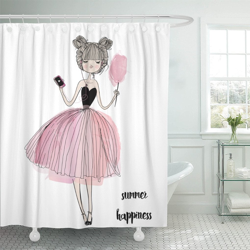 KSADK Pink Doll Cute Girl Listening The Music Vintage Shower Curtain