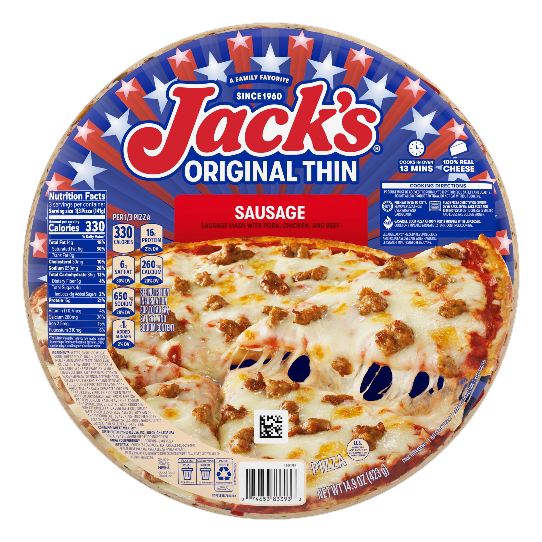 Jack's Frozen Meat Pizza, Sausage and Cheese, Original Thin Crust Pizza for Grilling, 14.9 oz (Frozen)