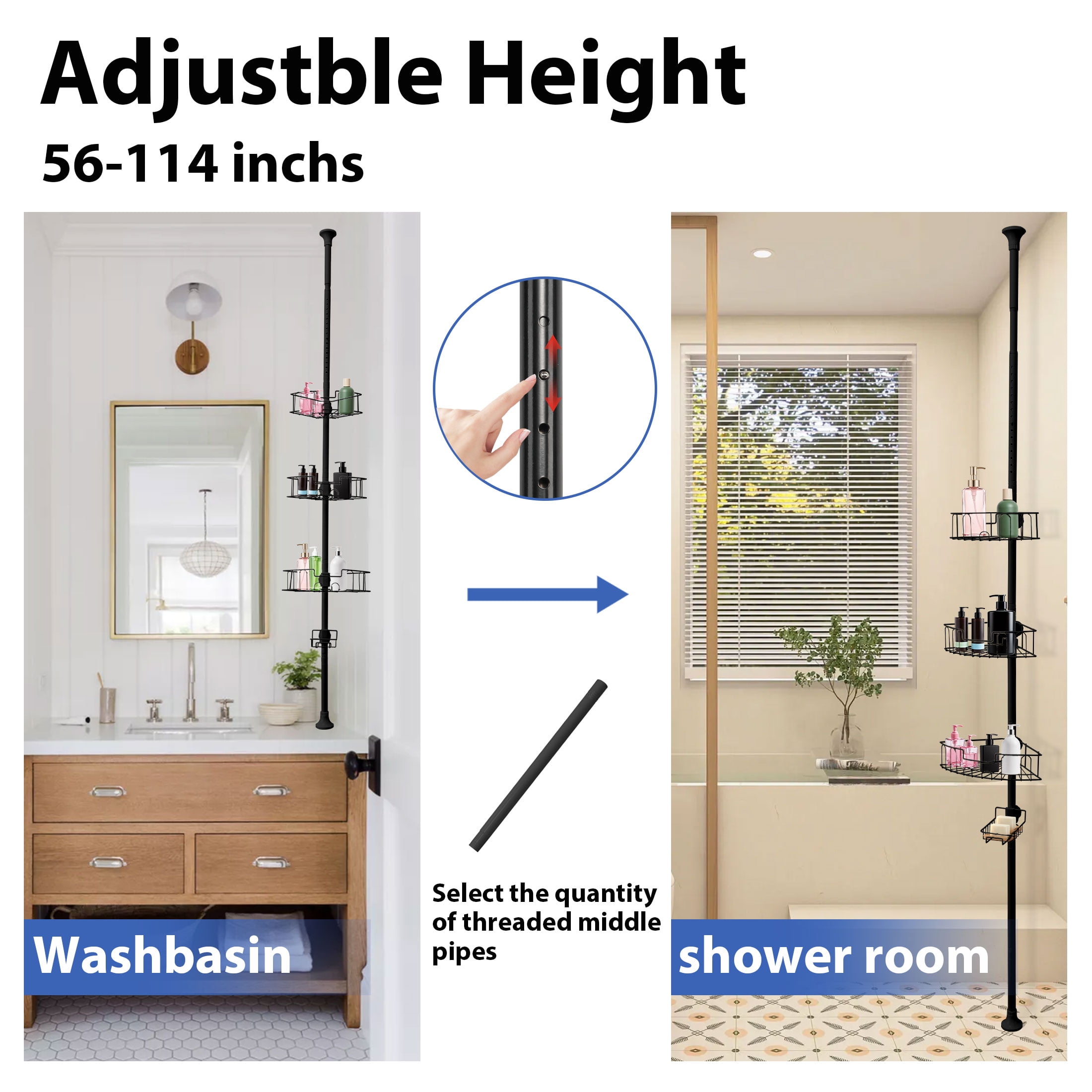 FENHRTVM Shower Caddy Tension Pole Adjustable  Height 56-114Inch Black Metal Bathroom Organizer