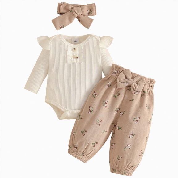 CAICJ98 Newborn Baby Girl Clothes Ribbed Knit Ruffle Long Sleeve Romper Print Pants for 0 3 6 12 18 Months Girl Fall Winter Outfits