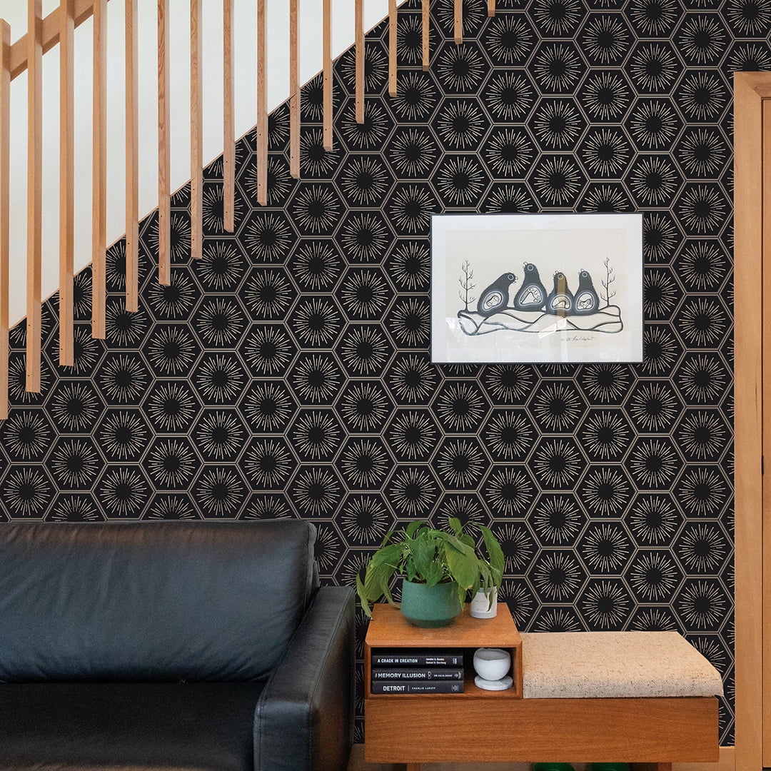 Tempaper Hello Sunshine Black & Metallic Gold Peel and Stick Wallpaper, 20.5" x 16.5'