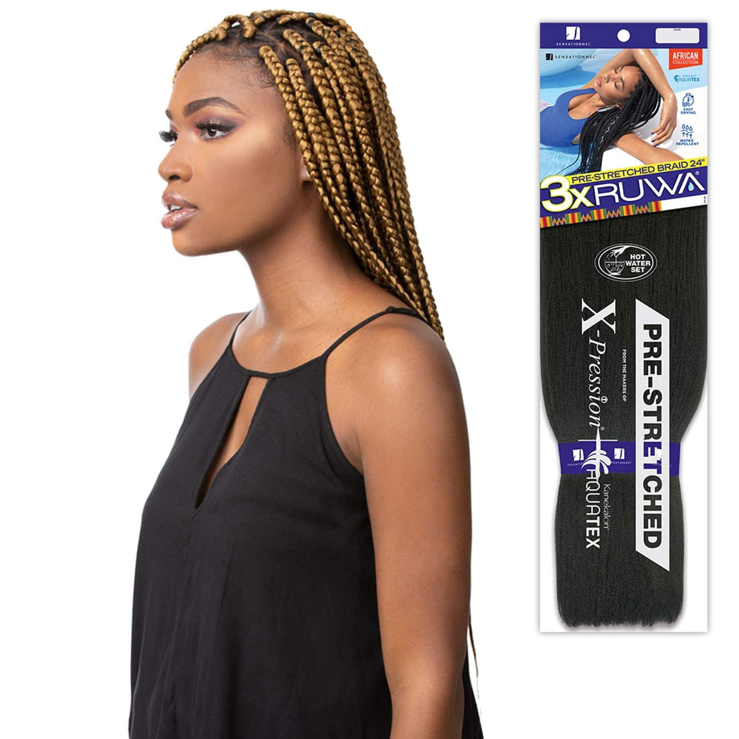 Ruwa Prestretched Braiding Hair - 3X 24 Inch Water Kanekalon Fast Dry Synthetic Braid In Hair Extensions - 3X RUWA 24 Inch (3 Pack, SM1B/350)
