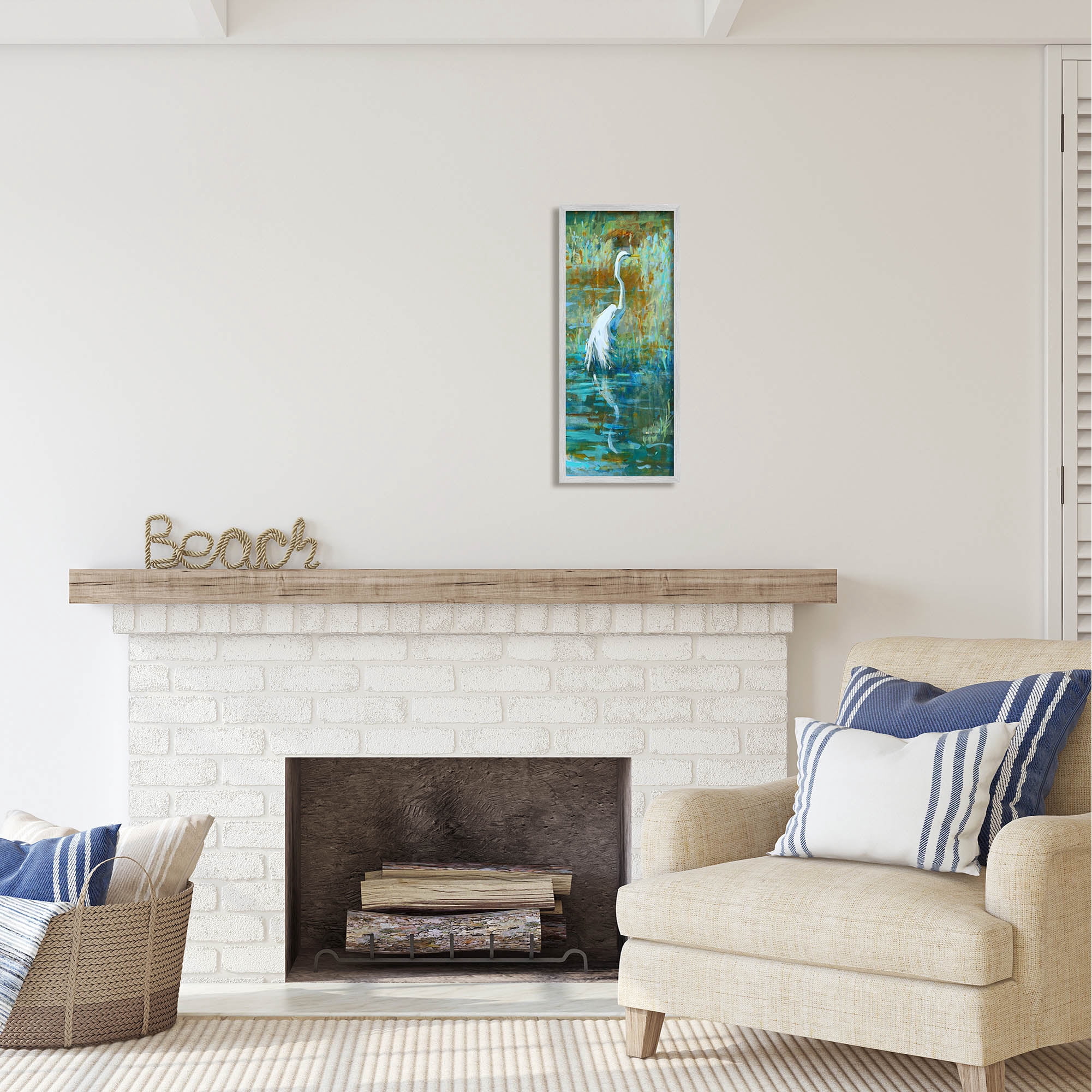 Stupell Industries Egret Bird Swimming Pond Nature Coastal Painting Gray Framed Art Print Wall Art