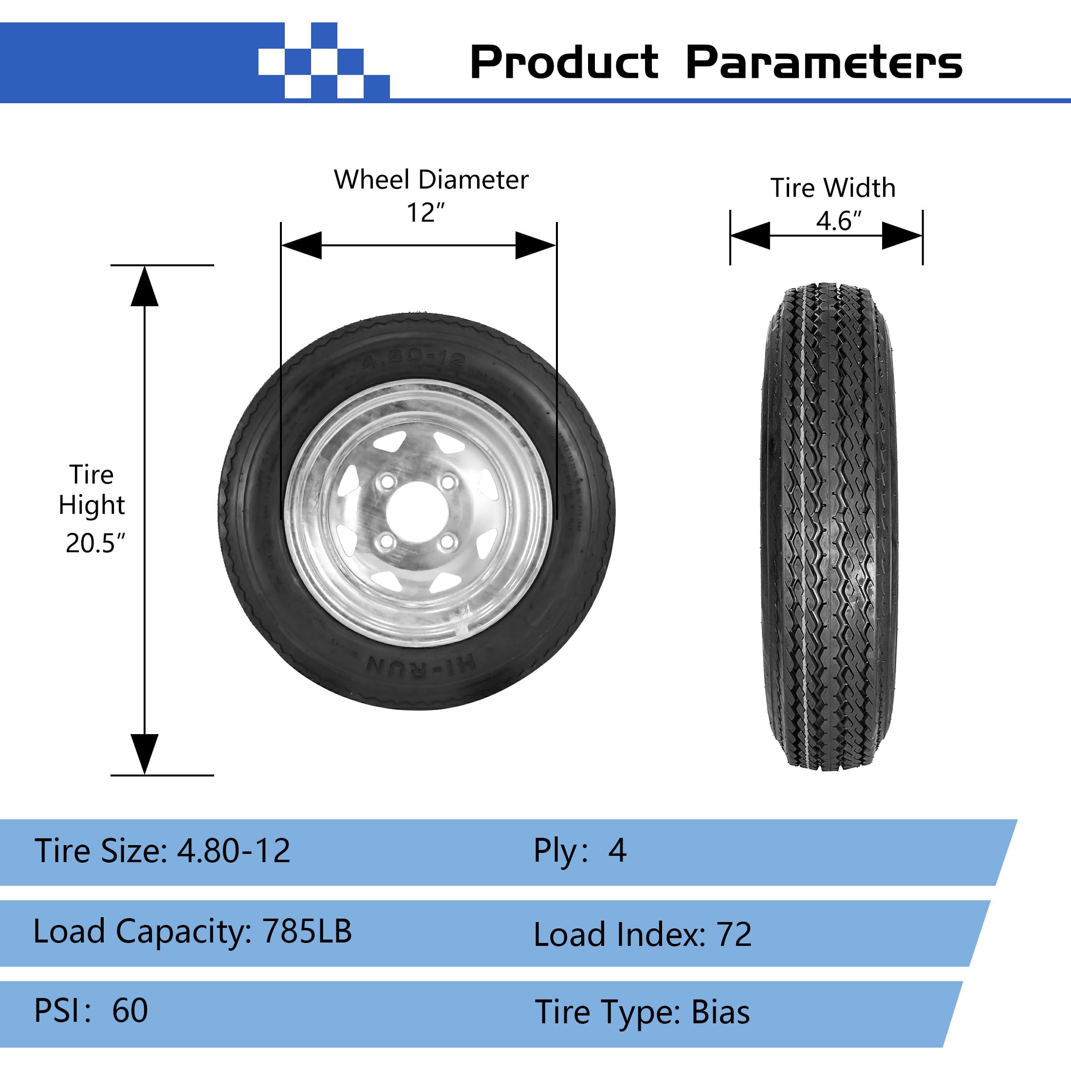 Hi-Run 2 Set SU02 4.80-12 4PR Boat Trailer Tire & 4 Lug on 4" Galvanized Wheel Assembly
