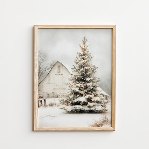 Christmas Tree & Barn Print Wall Art, Farmhouse Cottage Decor, 32x48 UNFRAMED