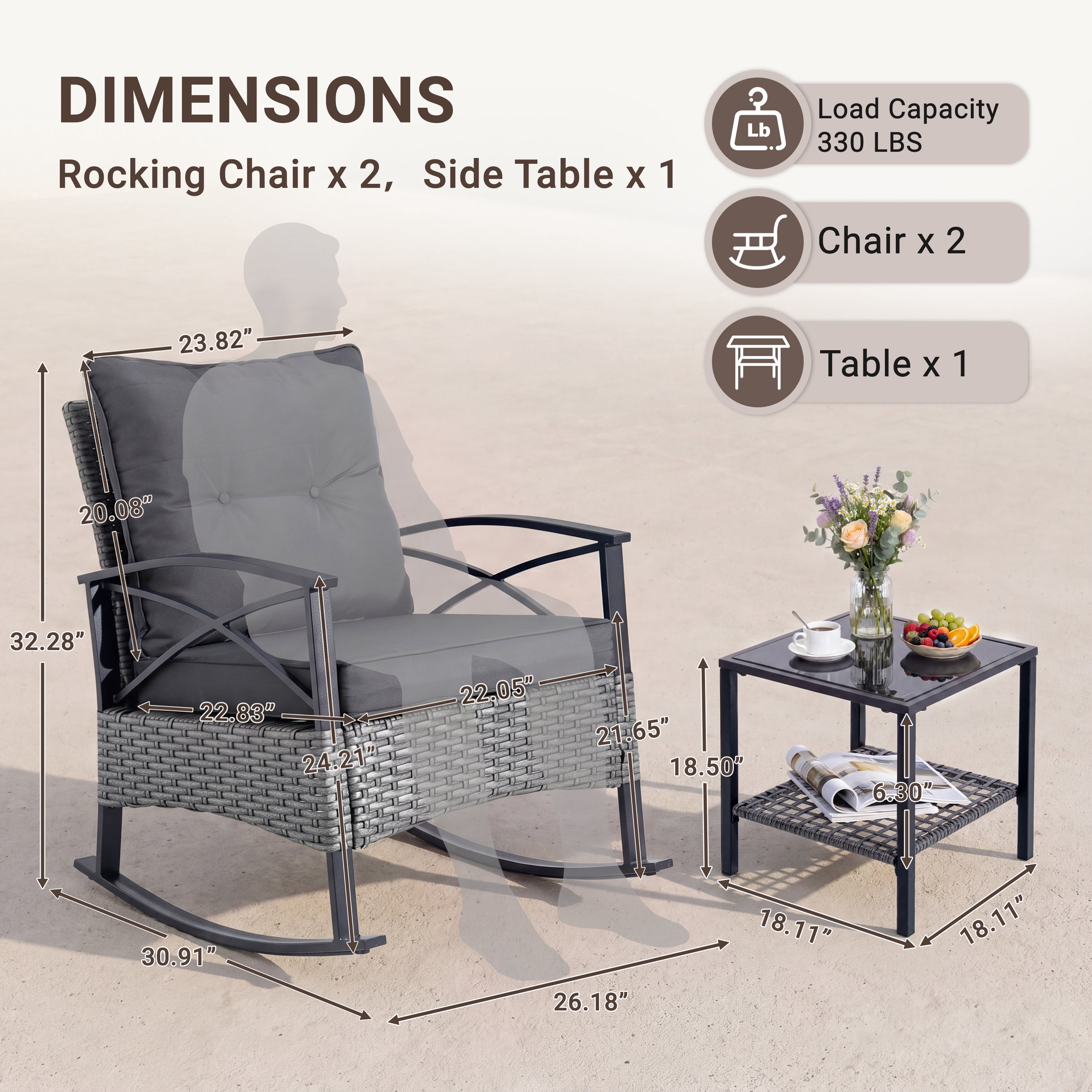 3 PCS Rocking Bistro Set, Outdoor Patio Porch Furniture Sectional Chairs with Coffee Table, PE Rattan Patio Furniture Conversation Set for Lawn Pool, Courtyard, Garden, Balcony - Gray