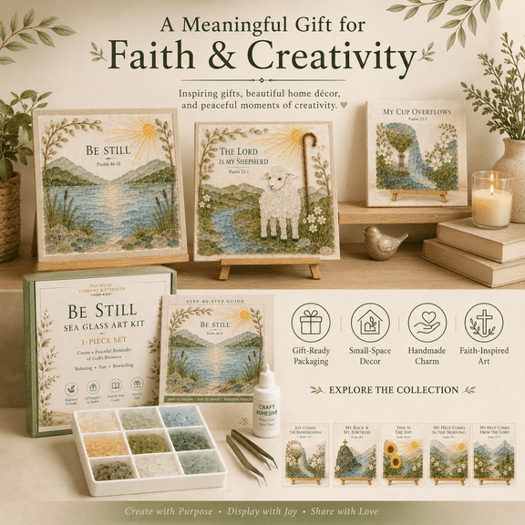 Psalms of Comfort & Strength Sea Glass Art Kit, Relaxing Christian Mosaic Kit for Adults Beginners with Glass Pieces, Tools and Easel, Bible Verse Craft and Faith Decor Gift