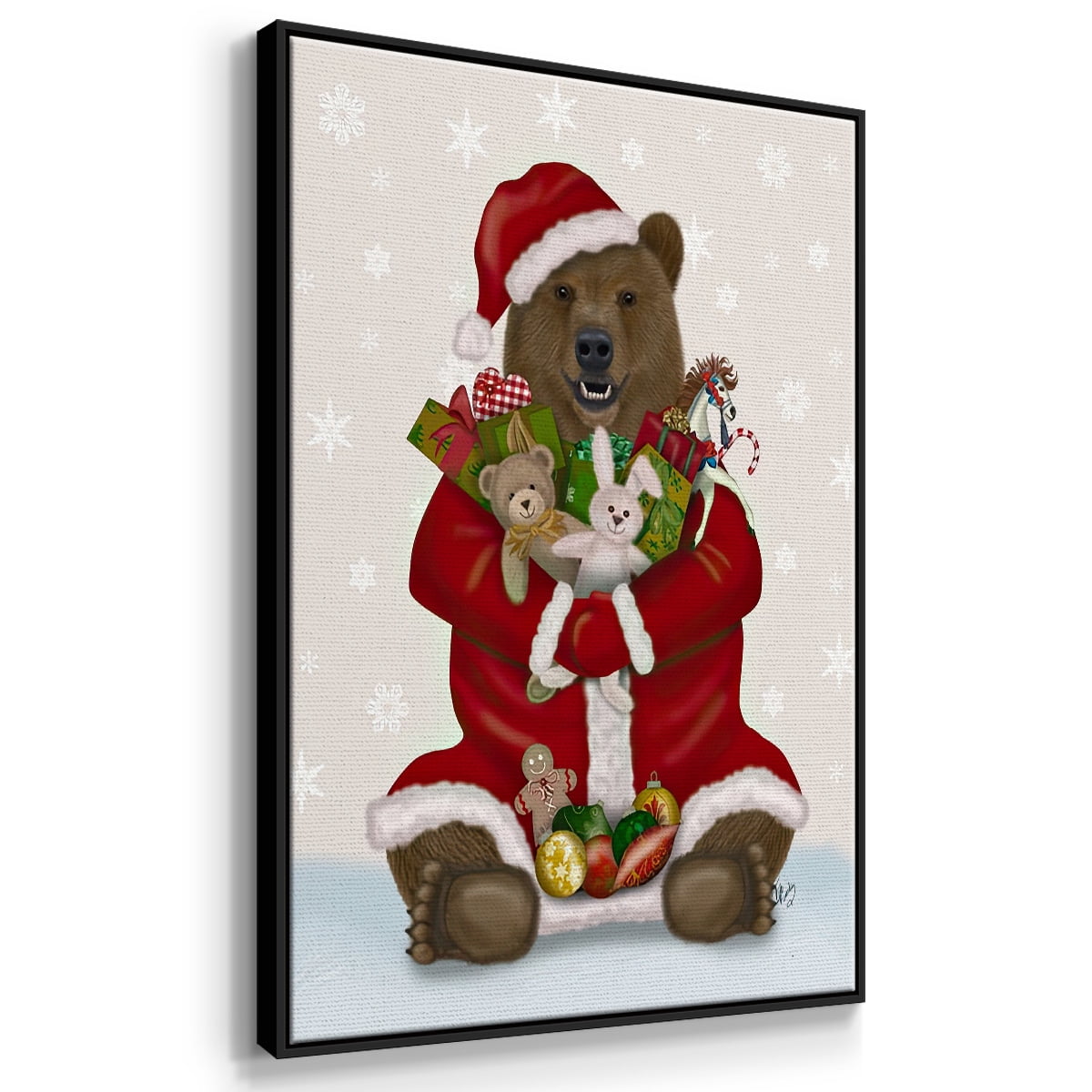 Christmas Christmas Present Bear Hug - Framed Gallery Wrapped Holiday Canvas - 17 x 25 - Black Frame