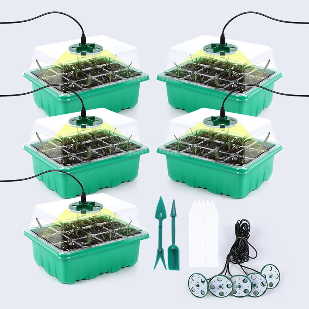 Seed Starter Trays Kit Seedling Trays Seed Starter Tray with Dome and Light Greenhouse Growing Trays Plant Germination Trays with Holes 60 Cell 5 Pack/set
