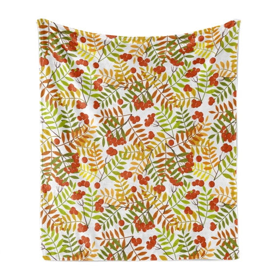 Rowan Soft Flannel Fleece Throw Blanket, Wilderness Rural Nature Theme in Autumn Season Rowan Flora Plant Shrubs, Cozy Plush for Indoor and Outdoor Use, 50" x 60", Green Orange Yellow, by Ambesonne
