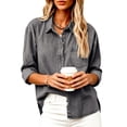 thumbnail image 6 of Chambray Denim Shirt Women Long Sleeve Button Down Western Jean Shirts Collared V Neck Roll Up with Pockets Boyfriend Baggy Shacket Casual office, 6 of 8